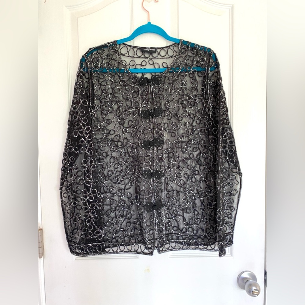 PRINCESS CRUISES Lace Soutache Mesh Glitter Sheer Cardigan Jacket M Black